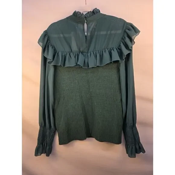 Kirundo Women's extra Large Sweater NWT Green Sheer High Collar Ruffle Preppy - Picture 8 of 16